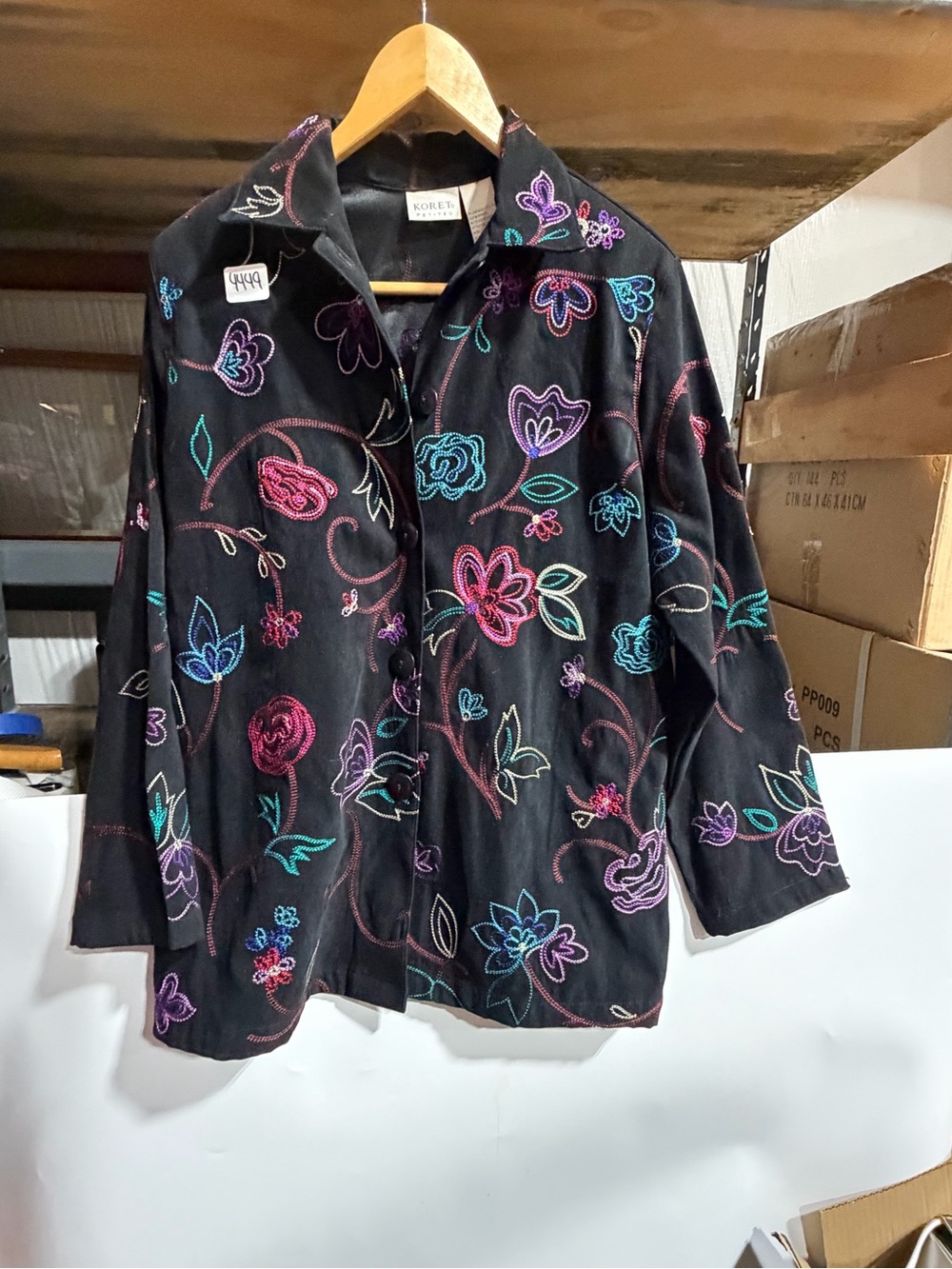#4449-Koret Black Button-Down Shirt with Multicolor Floral Embroidery